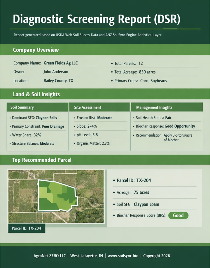 AgroNet ZERO Diagnostic Screening Report showing company overview, soil insights, and recommended parcel.