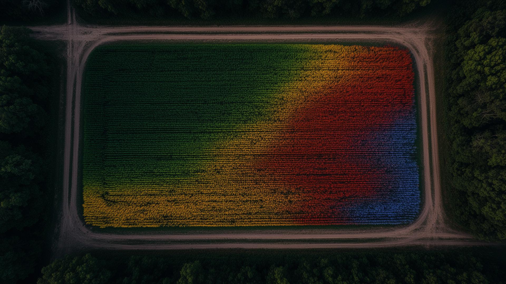 Aerial view of a fully analyzed farmland field with distinct soil-quality zones