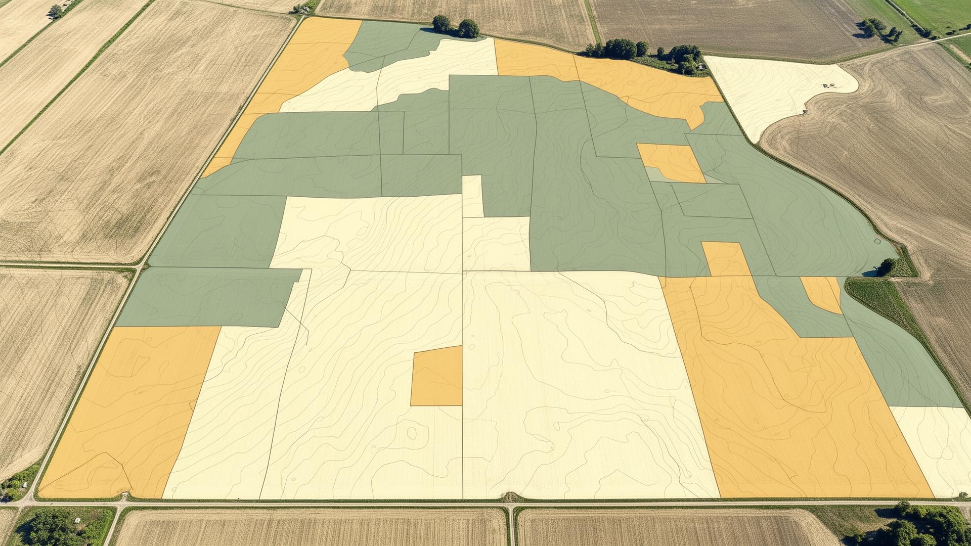 Aerial view of farmland showing acre-by-acre variability across soft green and tan zones with subtle contour lines
